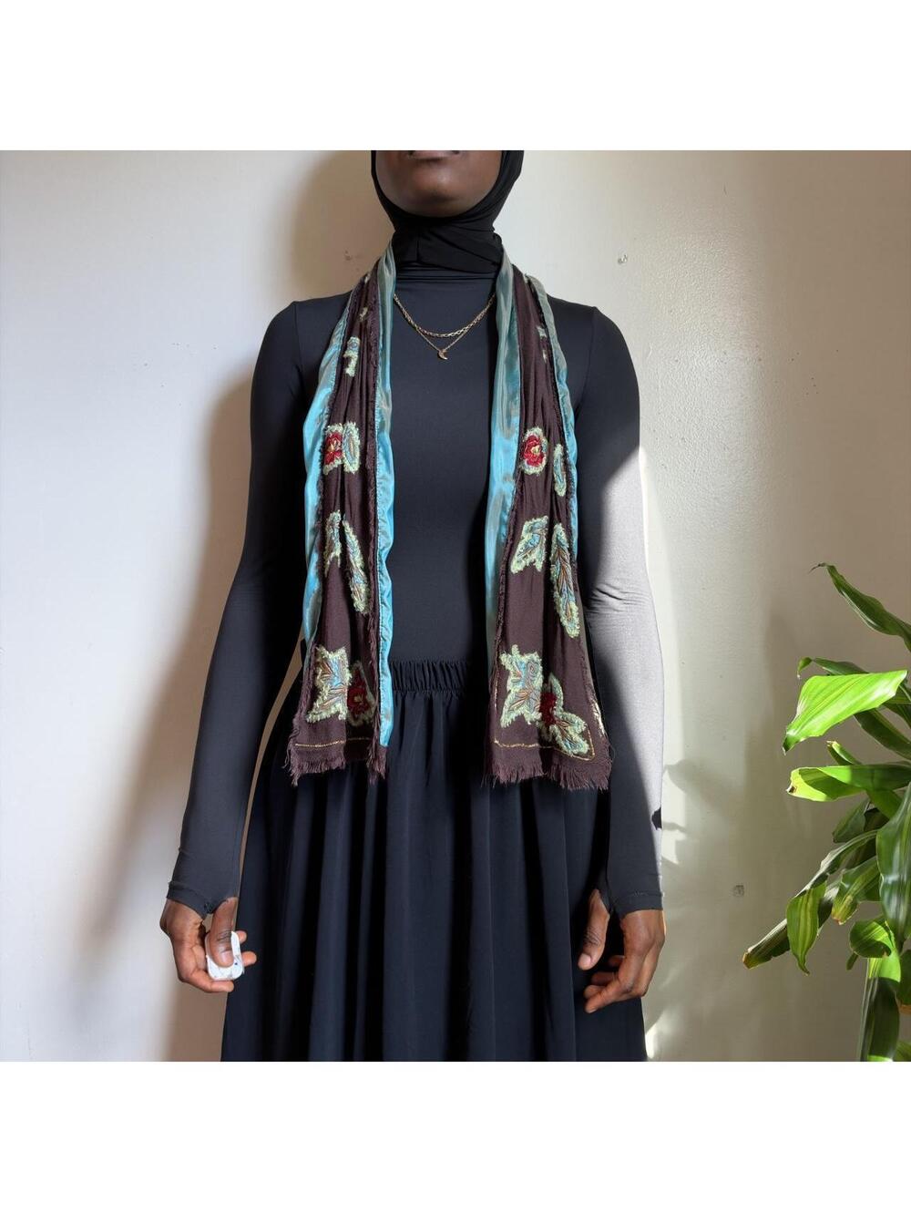 Whimsigoth Iridescent Teal & Brown Scarf | Floral Embroidered Fringe